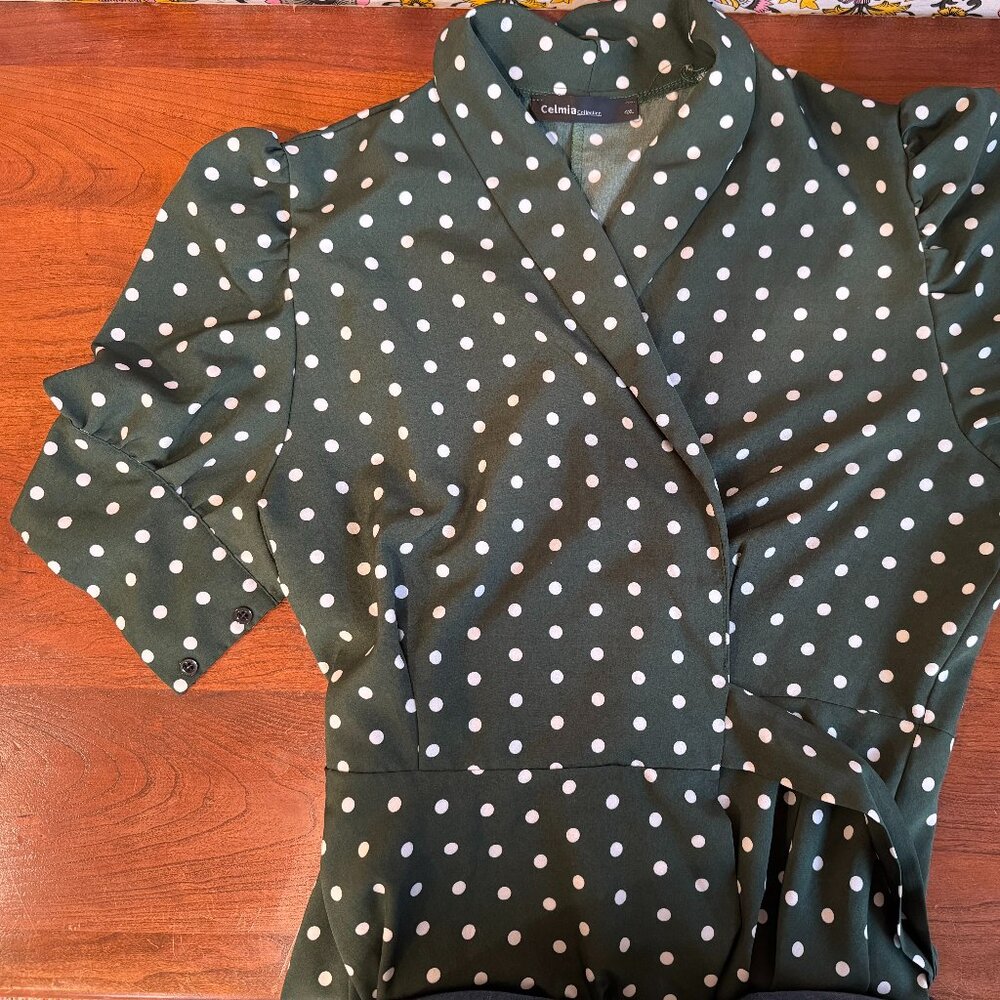 Green Polka Dot Wrap Dress | Puff Sleeve Midi | Celmia Collection 4XL